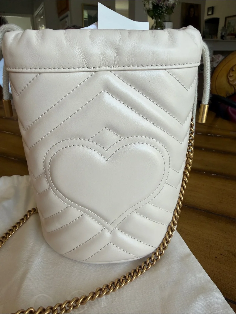 Gucci GG Marmont Mini Bucket Drawstring Bag – White, Chevron Quilted, Gold Chain